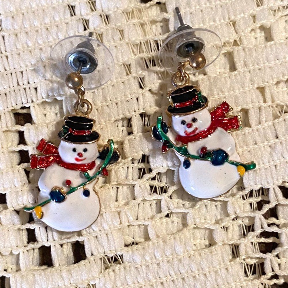 Snowman Post Back Earrings Holiday Jewelry Enameled Rhinestones Sparkly